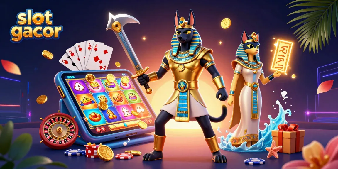Engage with slot gacor mechanics featuring Anubis and Bastet amid dynamic casino elements.