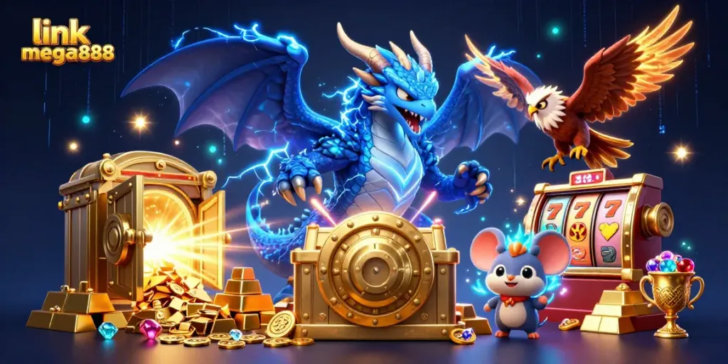Experience excitement with link mega888, featuring dynamic casino characters and dazzling treasures.