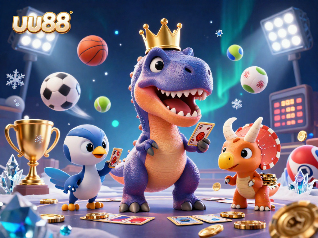 uu88 features playful dinosaurs in a casino-themed illustration, combining entertainment with exciting betting