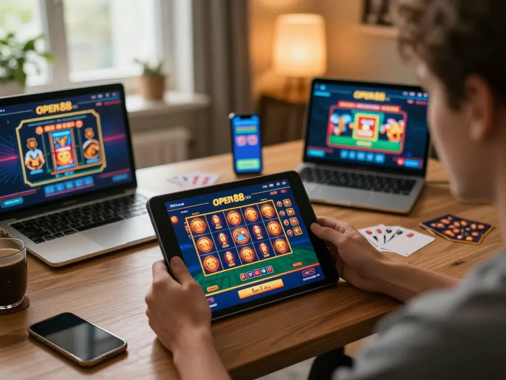 Person engaged in gameplay on open88 com tablet, showcasing exciting casino action.