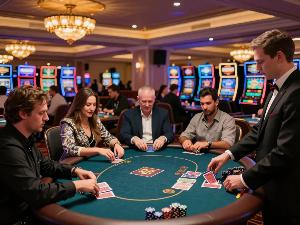 Players enjoying poker at 888NEW casino with vibrant ambiance and dealer in action