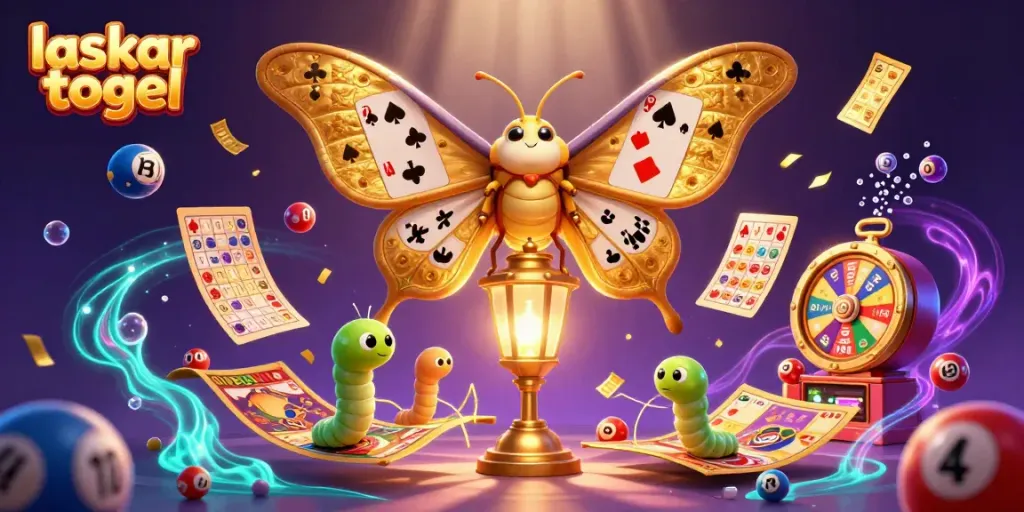 Experience the magic of laskar togel with vibrant illustrations of a moth and casino elements.