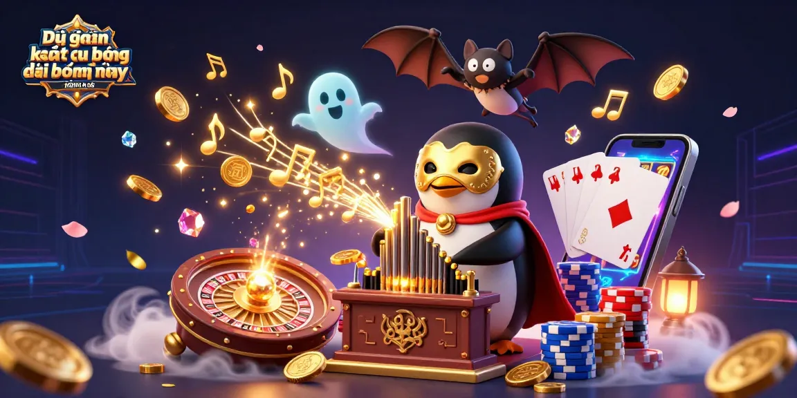 Dự đoán kết quả bóng đá hôm nay illustration featuring a penguin playing an organ in a dynamic sports betting scene.