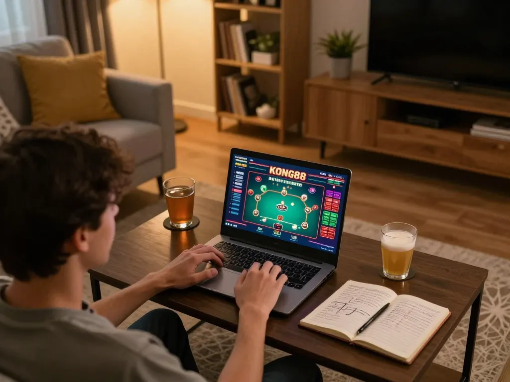 KONG88 player enjoying an online poker game on a laptop in a cozy living room.