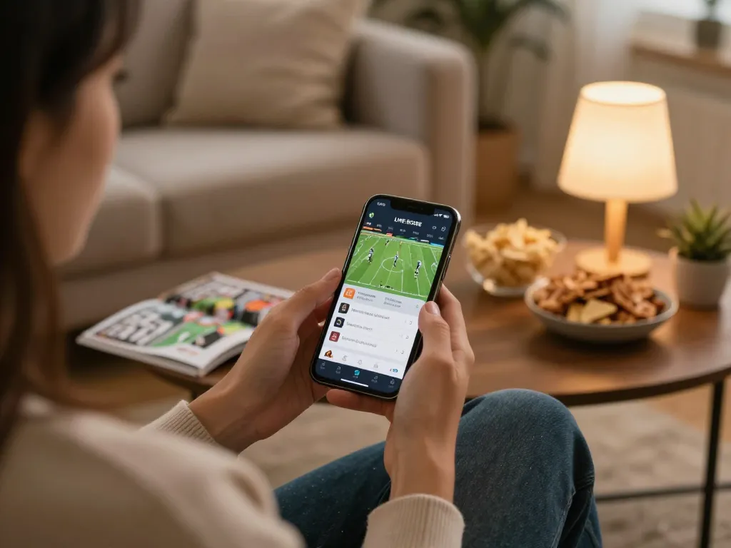 Gambar individu yang mengakses pembaruan Skor Langsung di smartphone sambil menikmati taruhan olahraga di rumah.