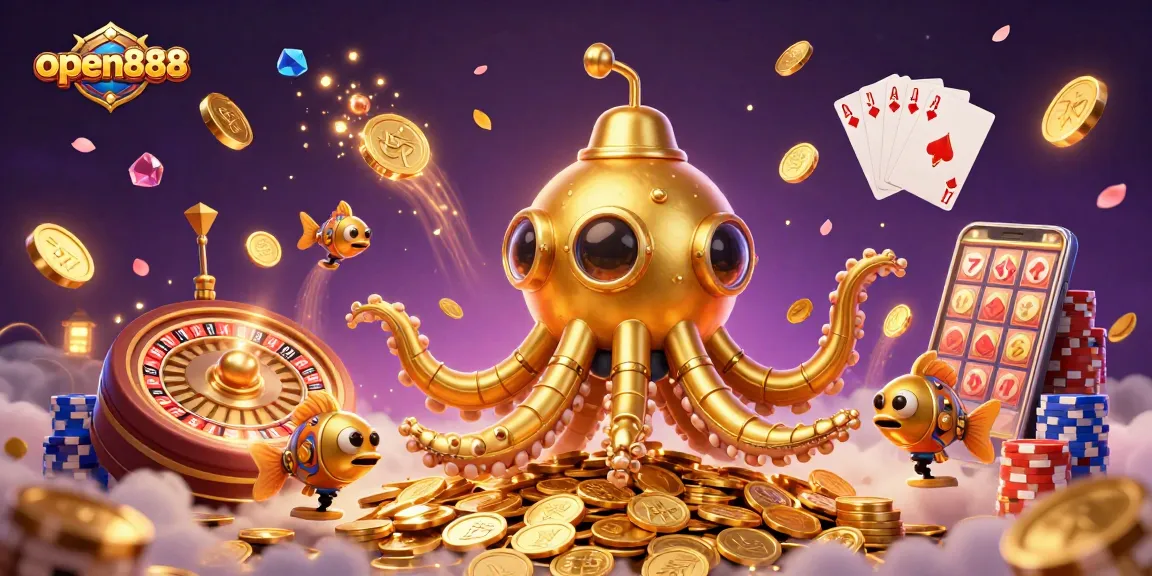 Engage in thrilling gaming adventures at open888 with a vibrant 3D casino illustration featuring a golden kraken and casino elements.