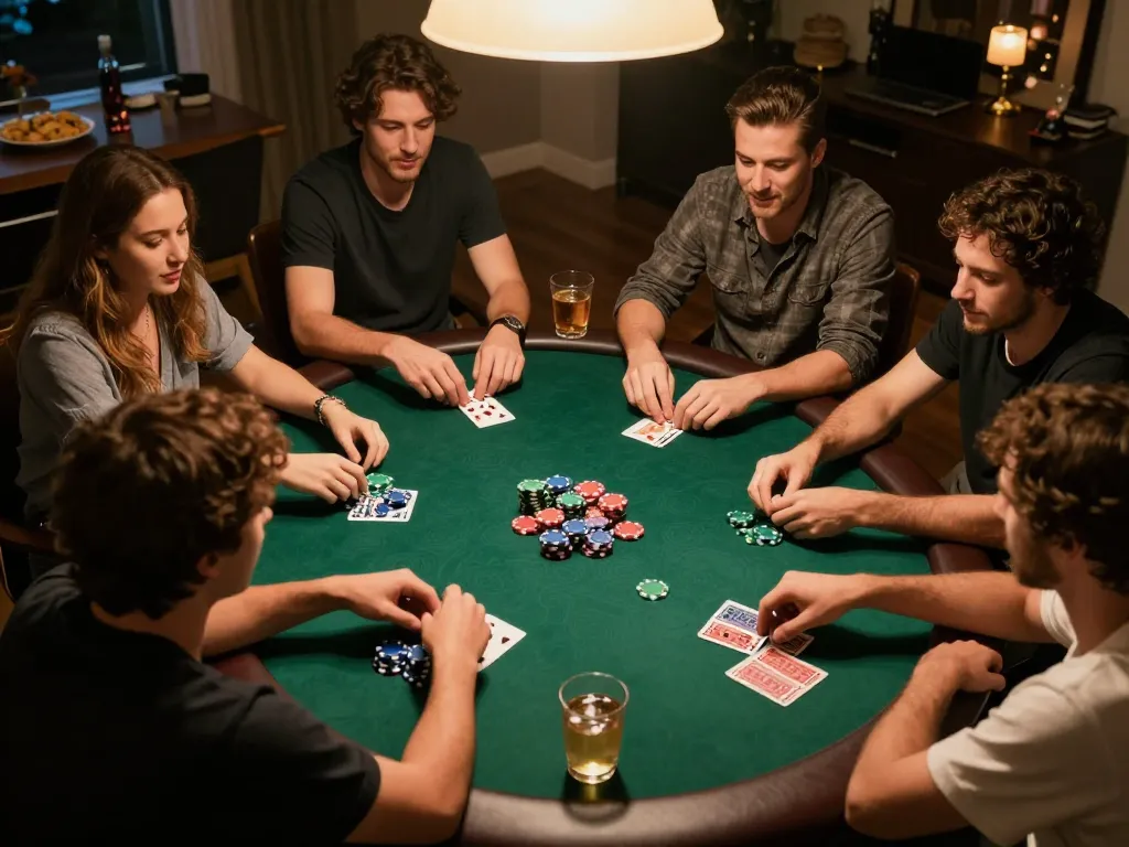 Players enjoying a game of poker during a lively home night, Lc888 strategies in play, engaging ambiance with competitive spirit