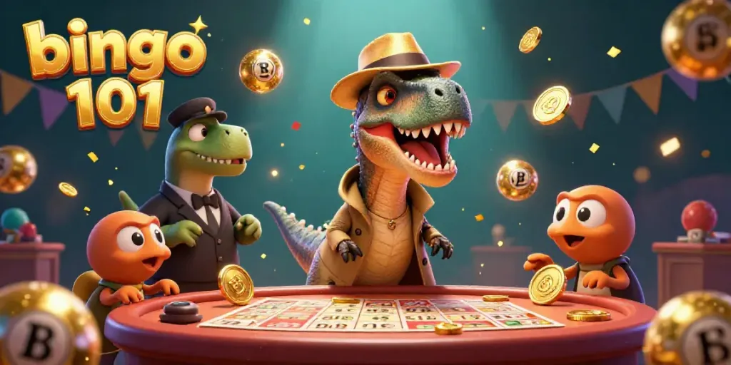 Bingo 101 scene with a velociraptor at a bingo table, surrounded by energetic game elements.