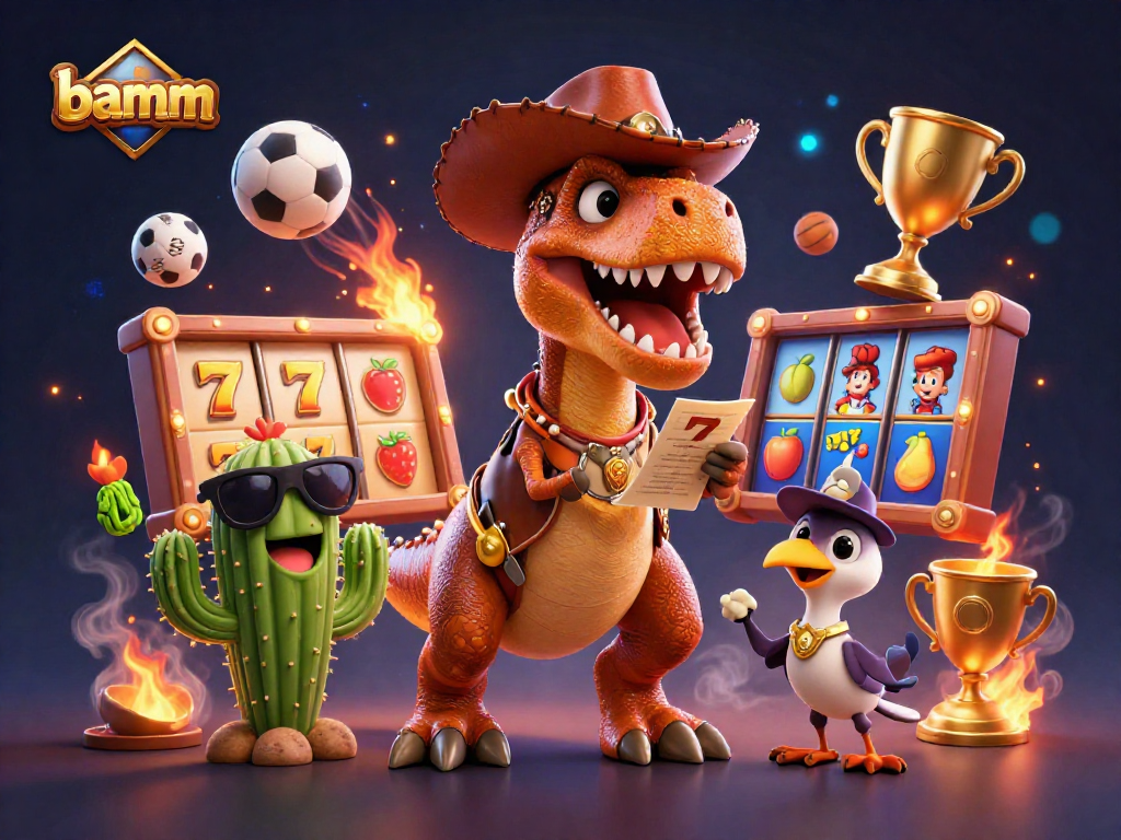 Engage in thrilling gameplay at bamm, featuring T-Rex, slots, and sports elements in a vibrant casino scene.