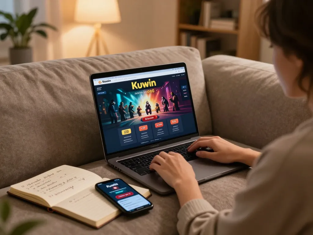 Kuwin online gaming scene with player strategizing on a laptop in a cozy home setting.
