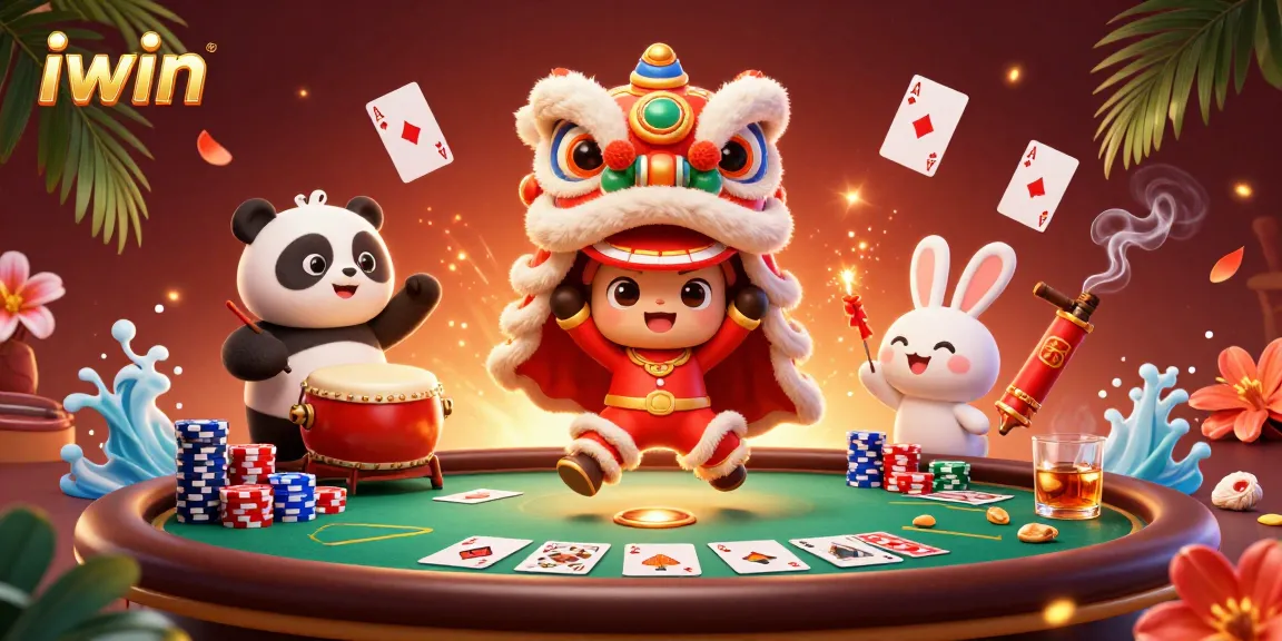 iwin players enjoying a vibrant casino scene with poker elements and festive characters