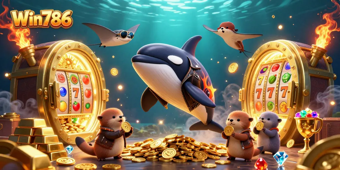 Win786 showcases a vibrant casino scene with playful sea creatures in an underwater treasure trove.
