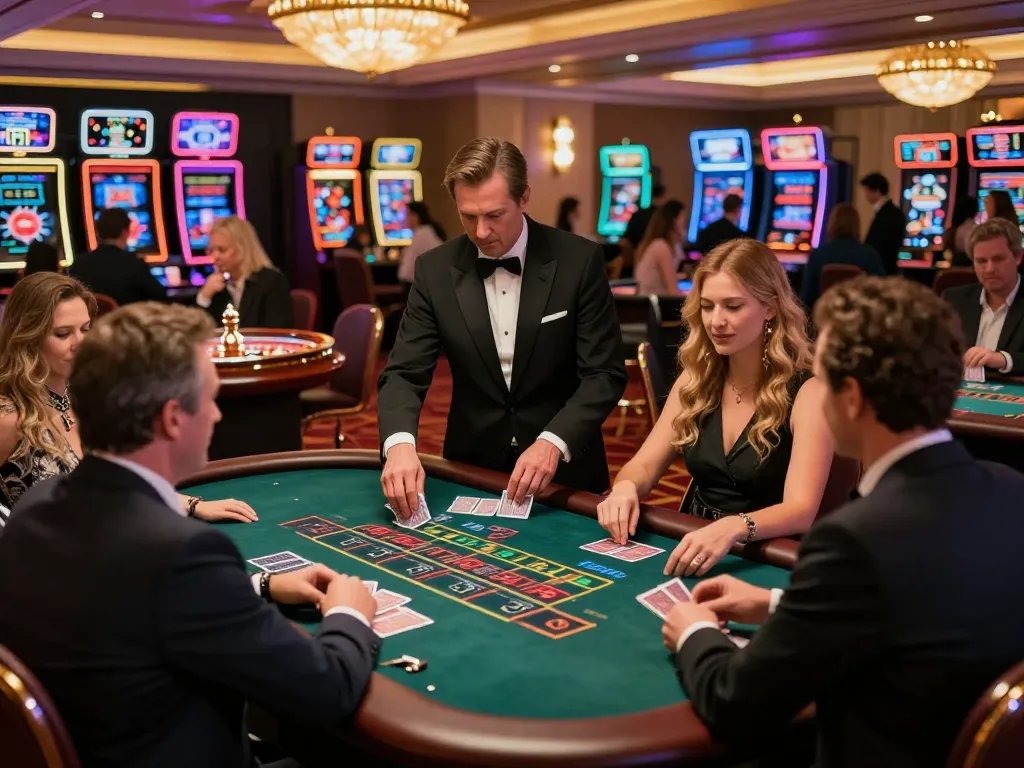 Action-packed blackjack scene at a casino showcasing players engaging with ok8386 strategy, dealers in motion, and vibrant decor.