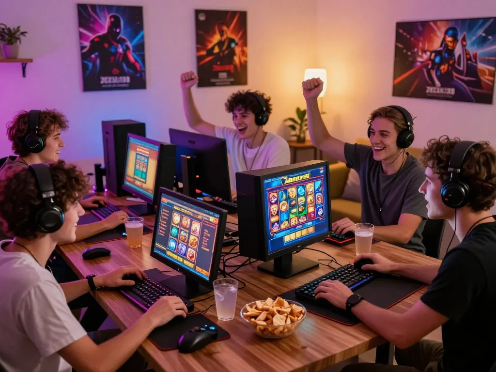 Players enjoying Zeus138 slot games together in a lively gaming room with snacks and joyful atmosphere.