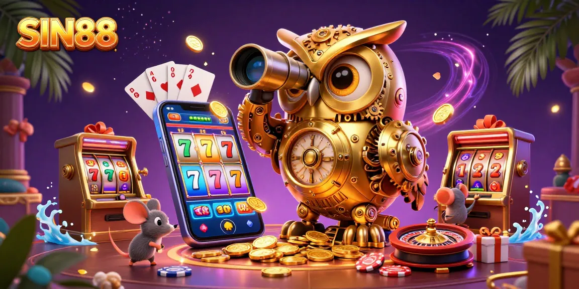 SIN88 immersive slots experience with 3D owl and vibrant gaming elements.