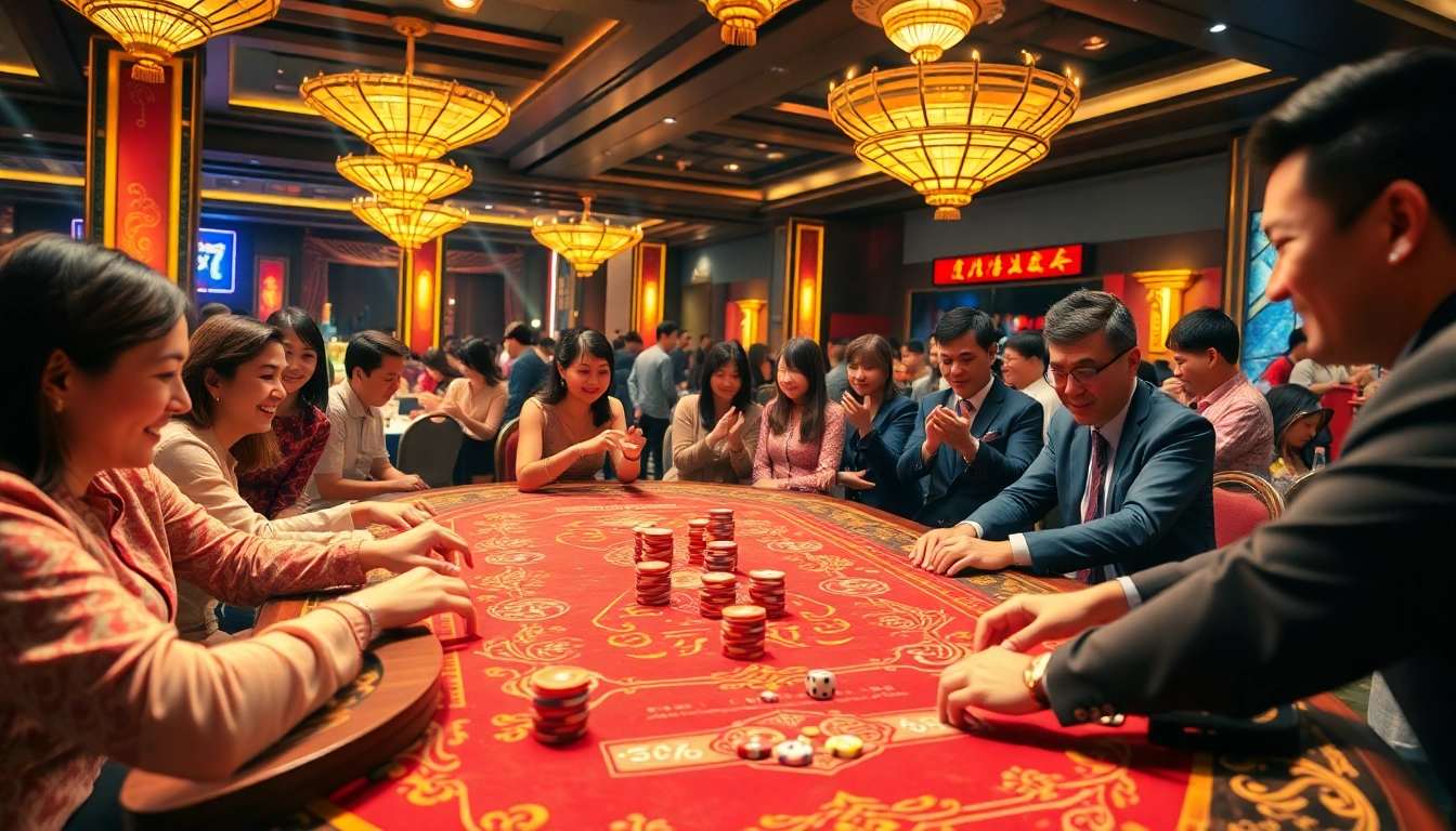 Xóc đĩa game in a vibrant casino setting with players placing bets.