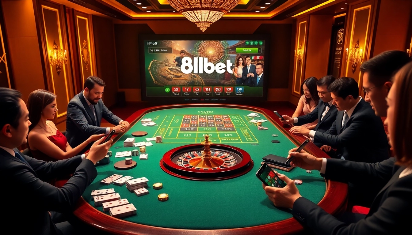 Exciting casino table interaction with players at 8kbet, highlighting betting action and luxury atmosphere.