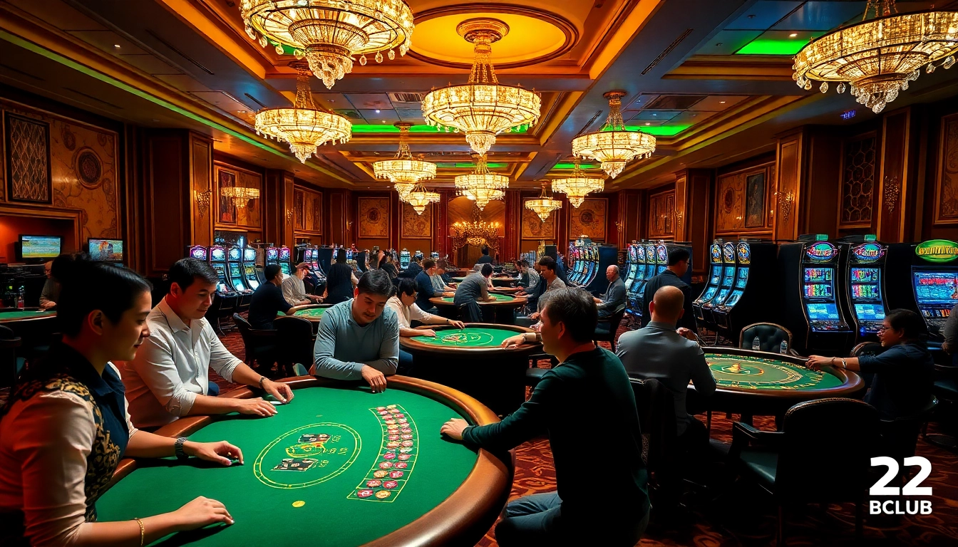 B52club players enjoying an energetic atmosphere at a luxurious casino with vibrant gaming tables.