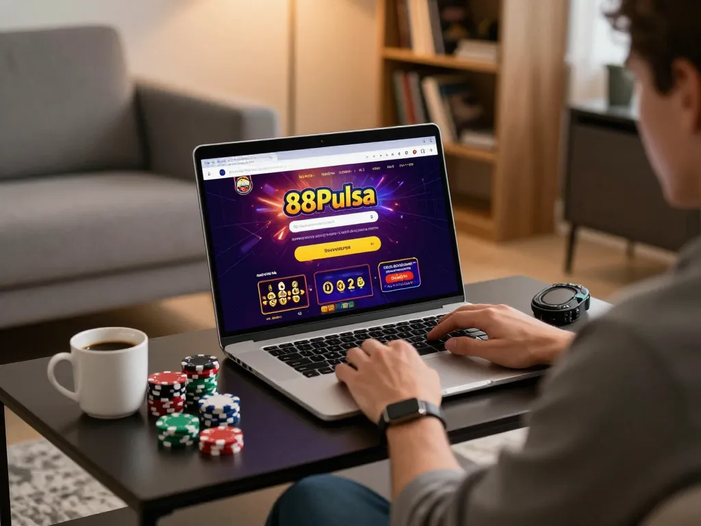 Engaging in 88pulsa login with laptop in cozy living room, showcasing online casino gameplay.