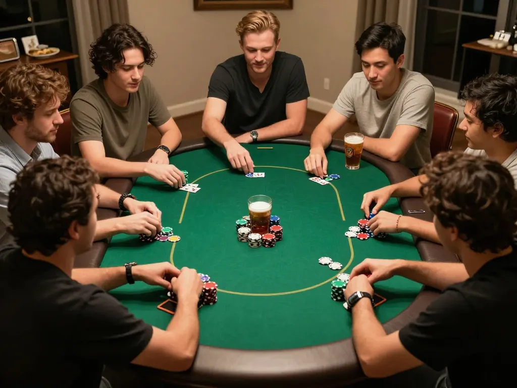 Engaged players at a Rikvip home poker night making strategic bets over chips and cards.