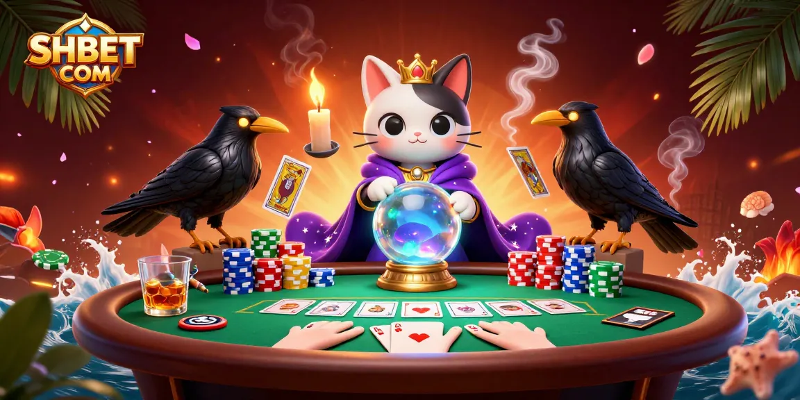 Engage with SHBET COM's thrilling gaming experience featuring vibrant poker elements and mystical characters.