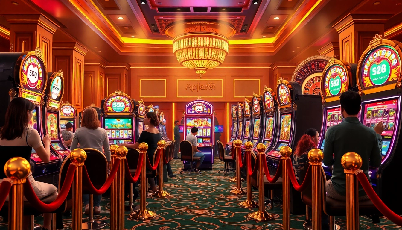 Players enjoying thrilling games at the apiraja88 slot machines in a luxurious casino.