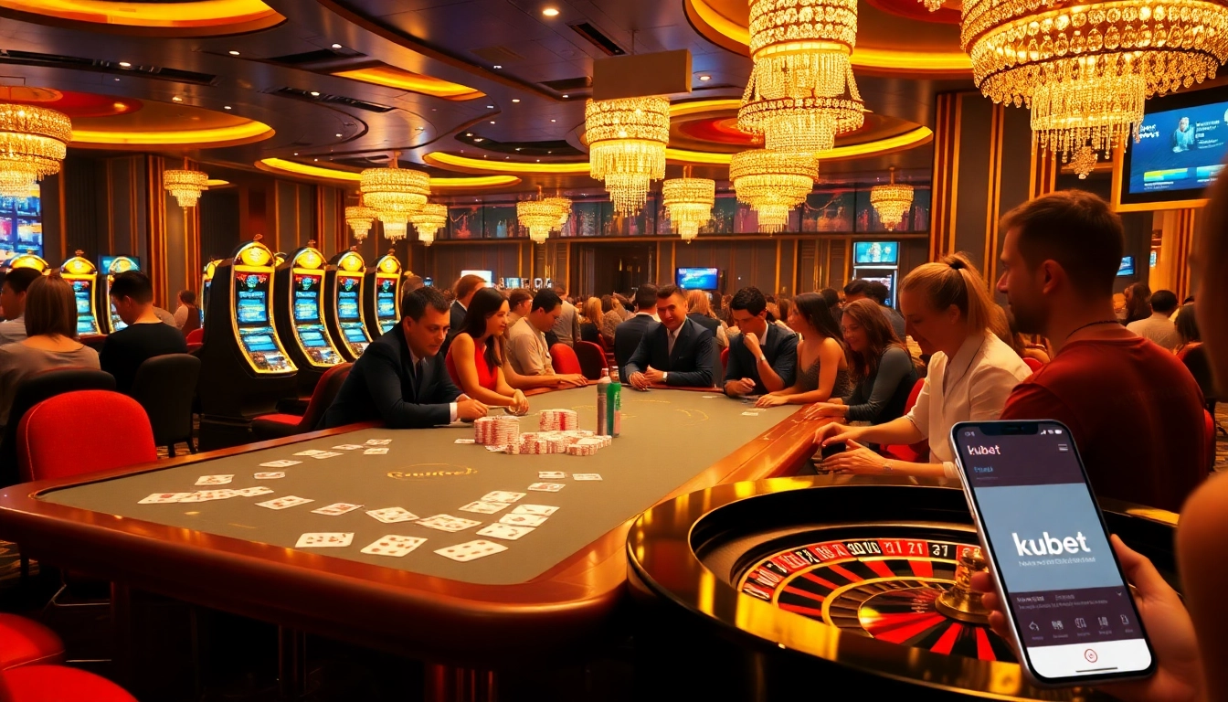 Kubet players engaging in exhilarating casino games with modern slot machines and a roulette wheel.