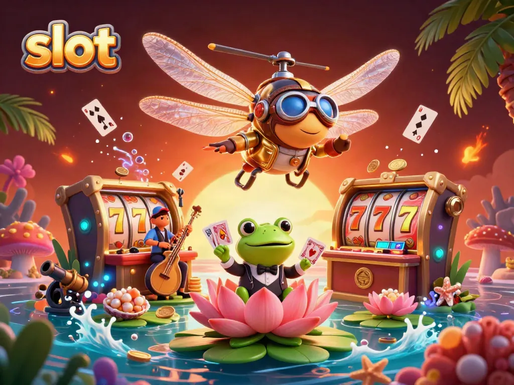 Experience the excitement of slot games with a dynamic 3D illustration showcasing colorful reels and casino elements.