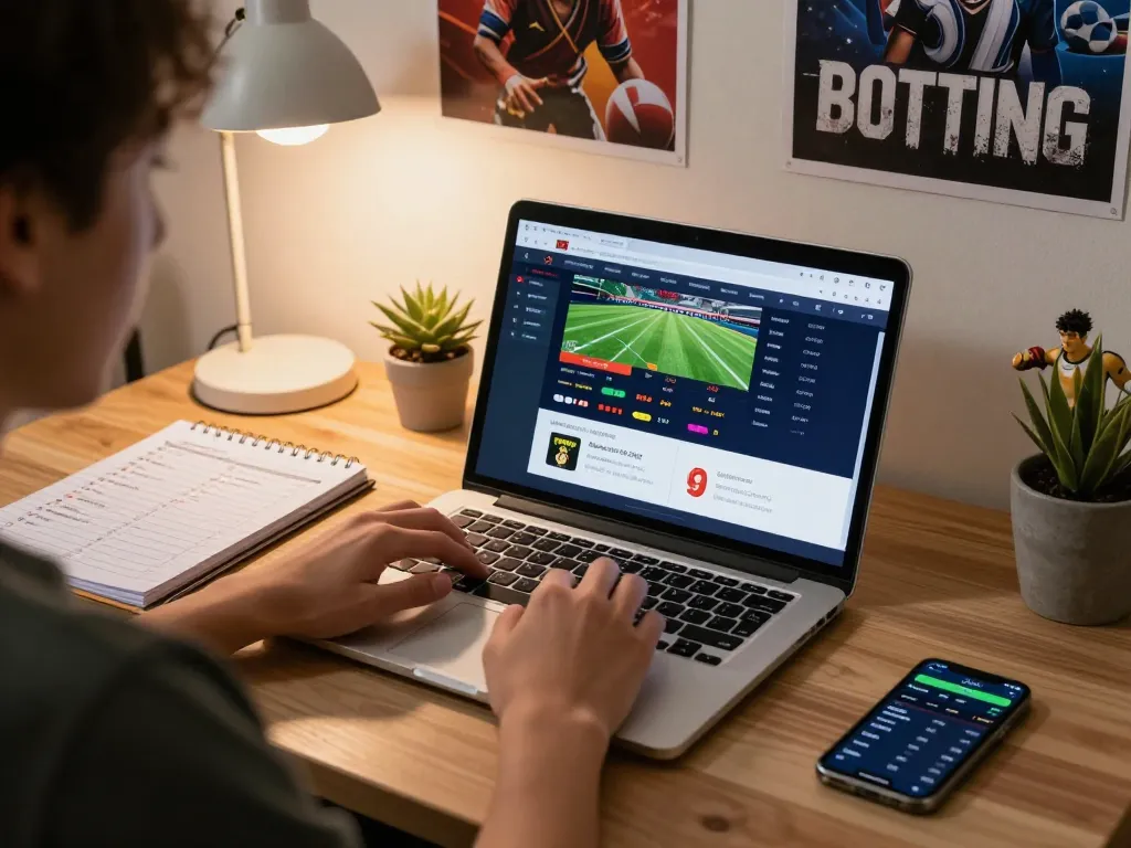 Soi kèo sports betting excitement visible on laptop screen with strategies and odds in a cozy office