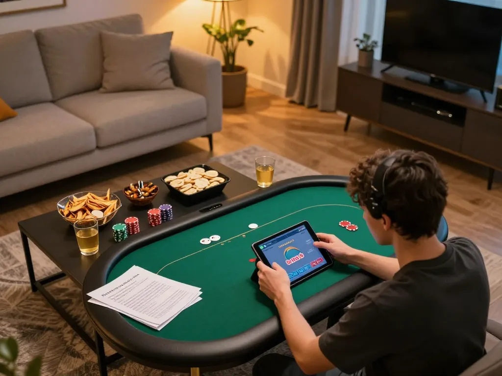 Engaging in online poker gaming on a tablet with ทางเข้า m113 strategy notes visible in cozy living room