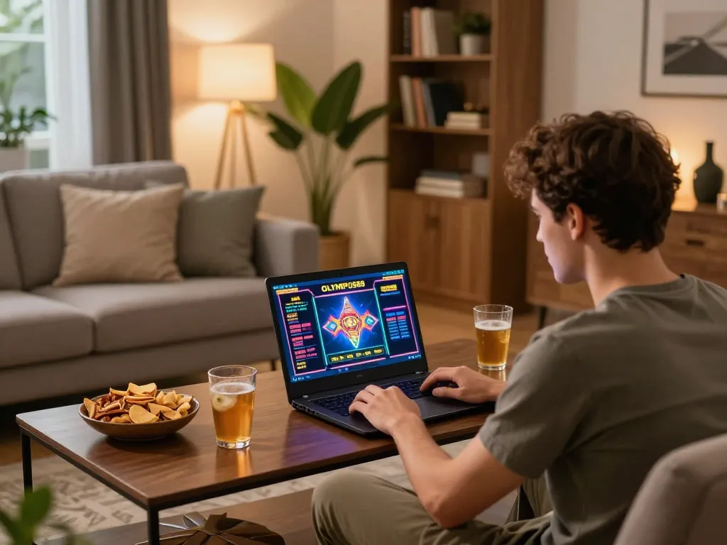 Engaging gameplay on OLYMPUS88 online slots with a cozy gaming setup at home.