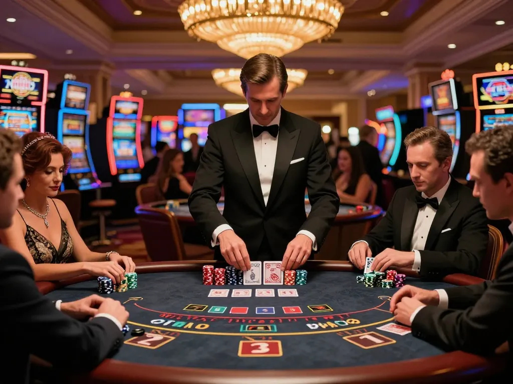 Go8 players strategizing in an upscale blackjack game with vibrant casino atmosphere