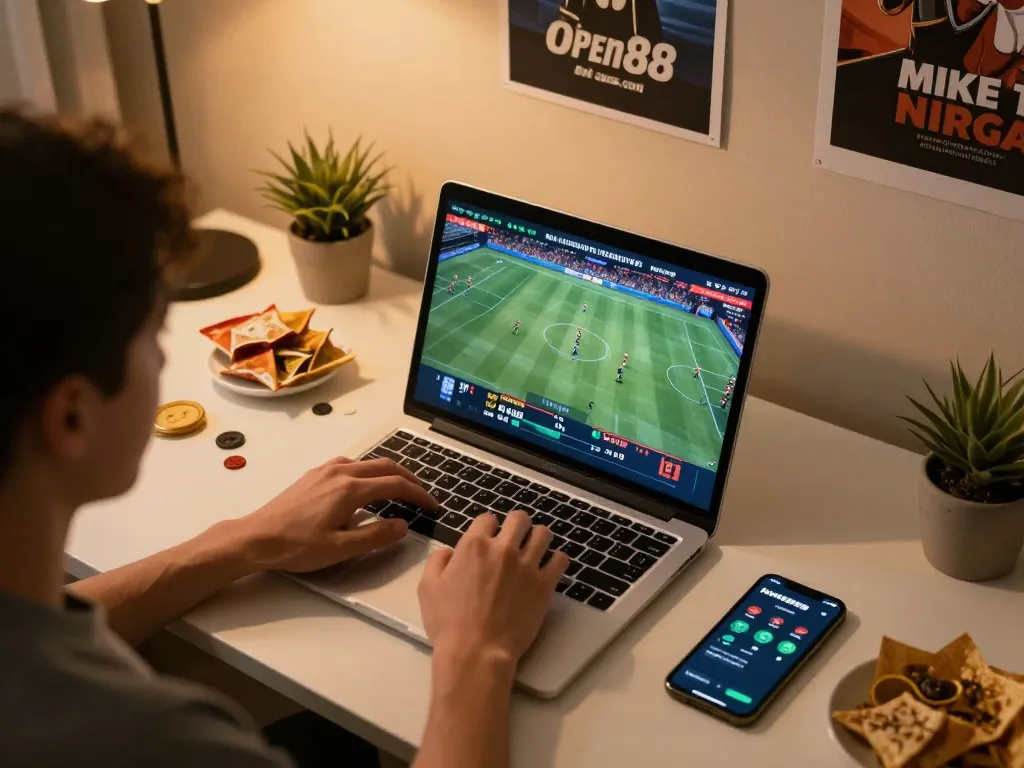 Dynamic online sports betting scene at open88 com with a laptop and live game streaming.