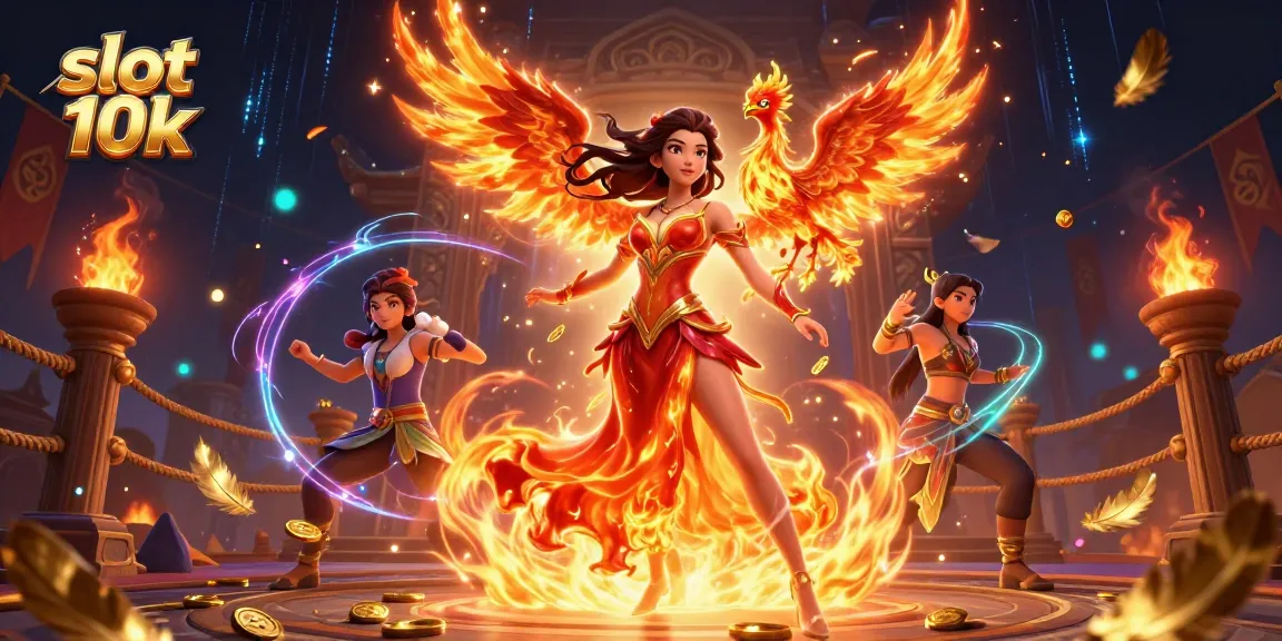 Spin to win on slot 10k, featuring golden coins and dynamic characters in a vibrant casino setting.