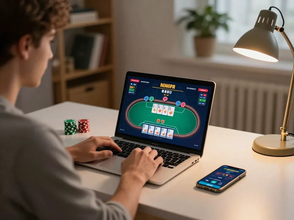 Player engaging in online casino gameplay, displaying action for tr88 poker session at home.
