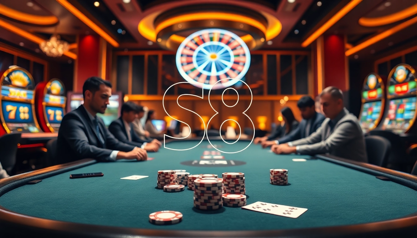 S8 captivates players as they engage at a glamorous poker table with vibrant casino elements.