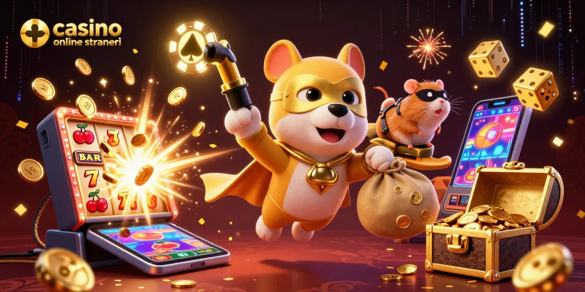 Partecipa a un'azione emozionante nei casino online stranieri con questa vivace illustrazione 3D di un cane supereroe e un criceto.