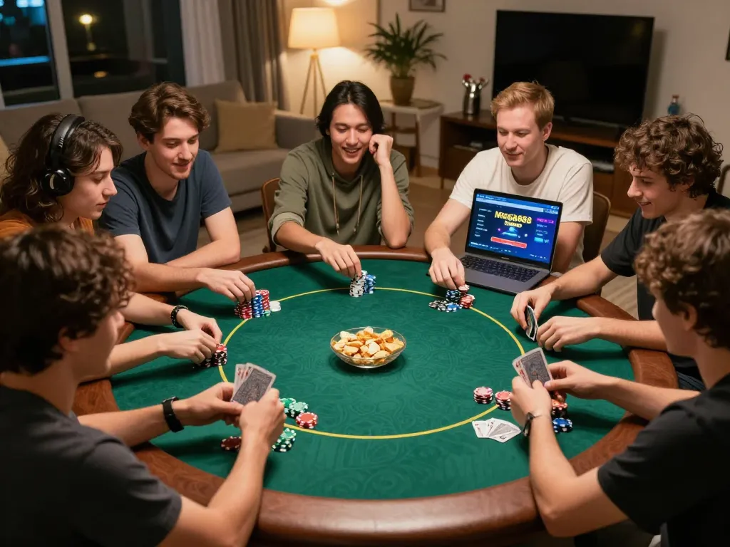 Aplikasi versi asli Mega888 dipaparkan semasa permainan poker yang sengit di rumah.