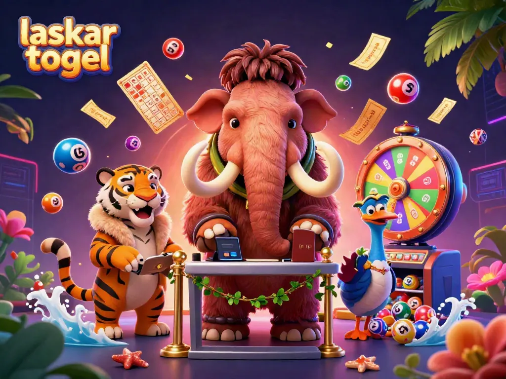Experience the excitement of laskar togel with vibrant lottery balls and engaging characters in a lively 3D casino scene.