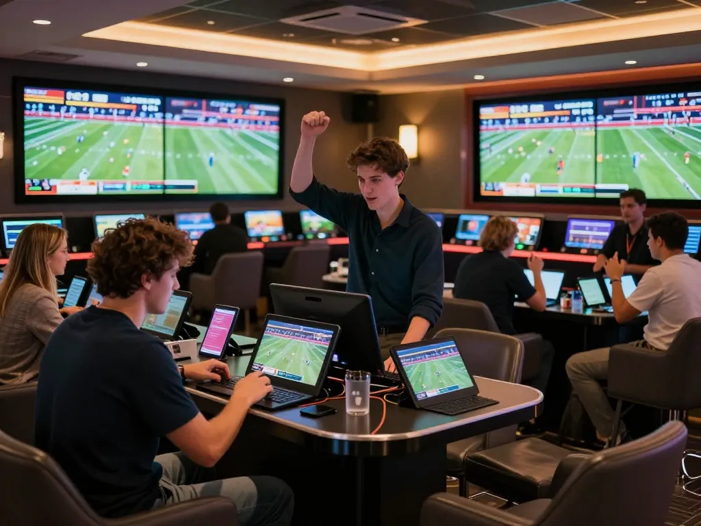 Cakhia sports betting enthusiasts celebrating wins in a lively betting environment with active screens.