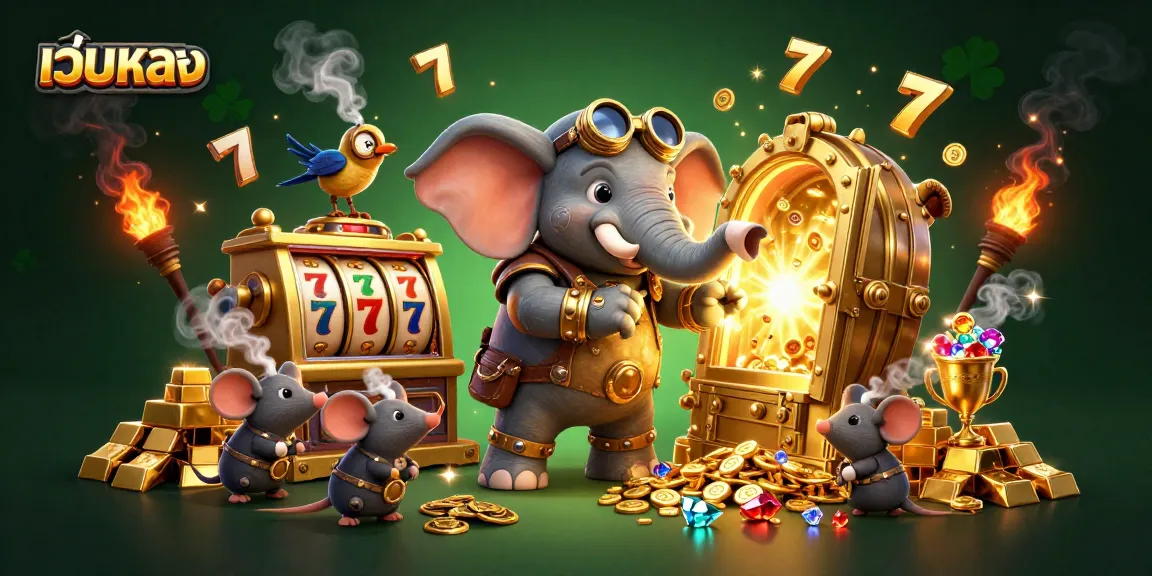 Spin the jackpot reels of เว็บตรง with steampunk characters, golden treasures, and vibrant casino elements.