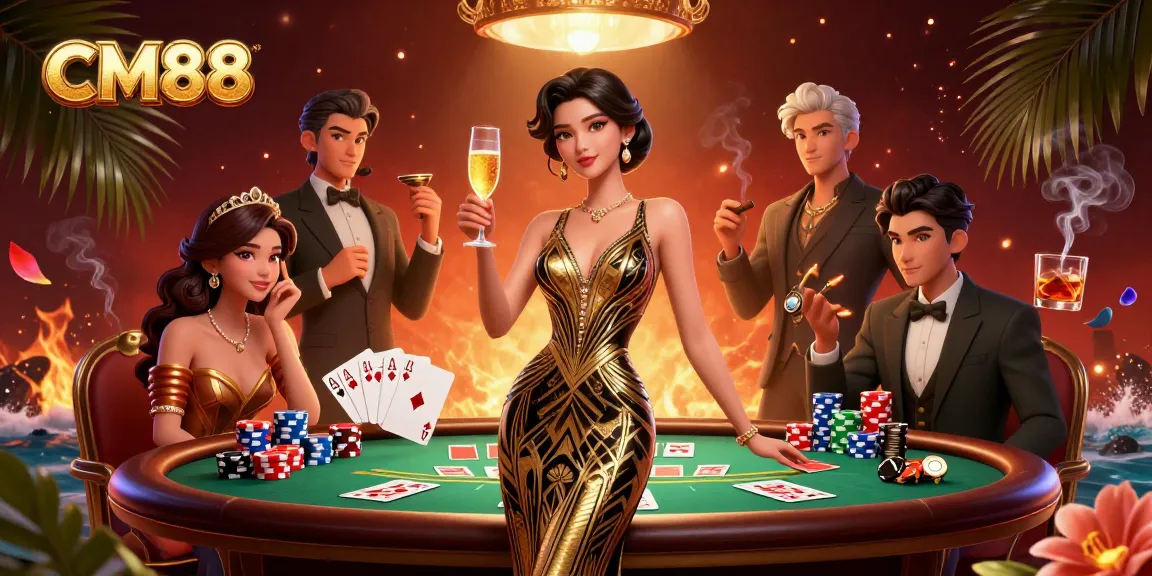 Experience excitement at CM88 with an elegant casino scene featuring poker elements and luxury.