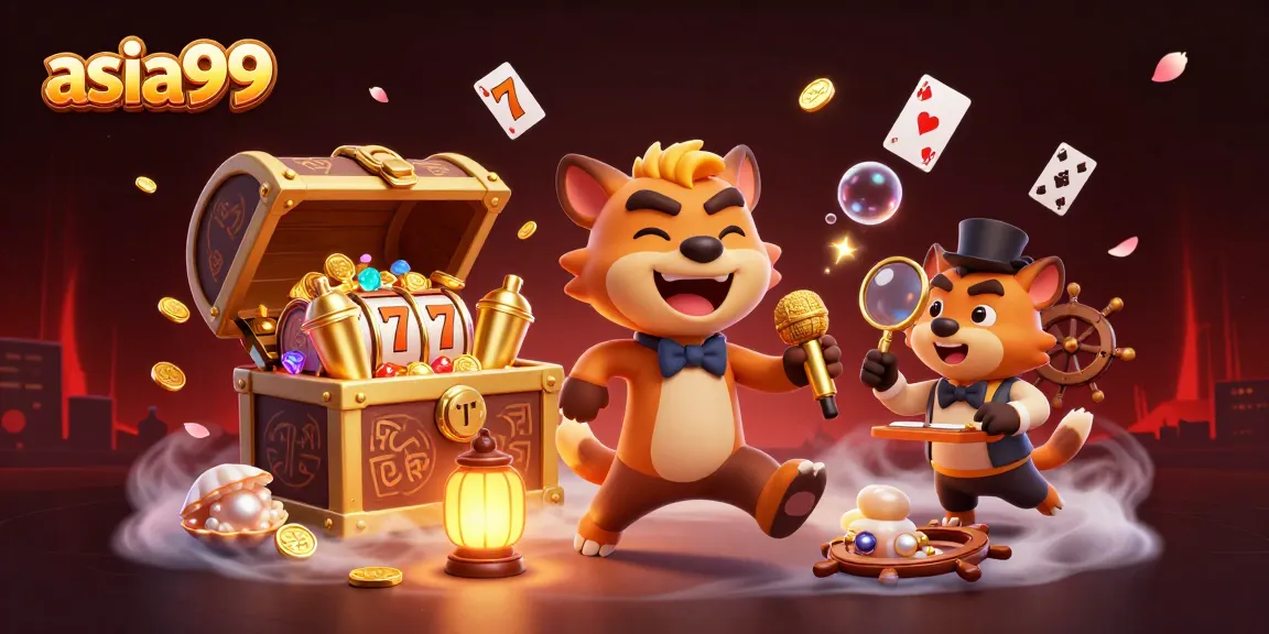 asia99 casino scene featuring hyenas as a comedian, bartender, and bouncer amidst casino elements.