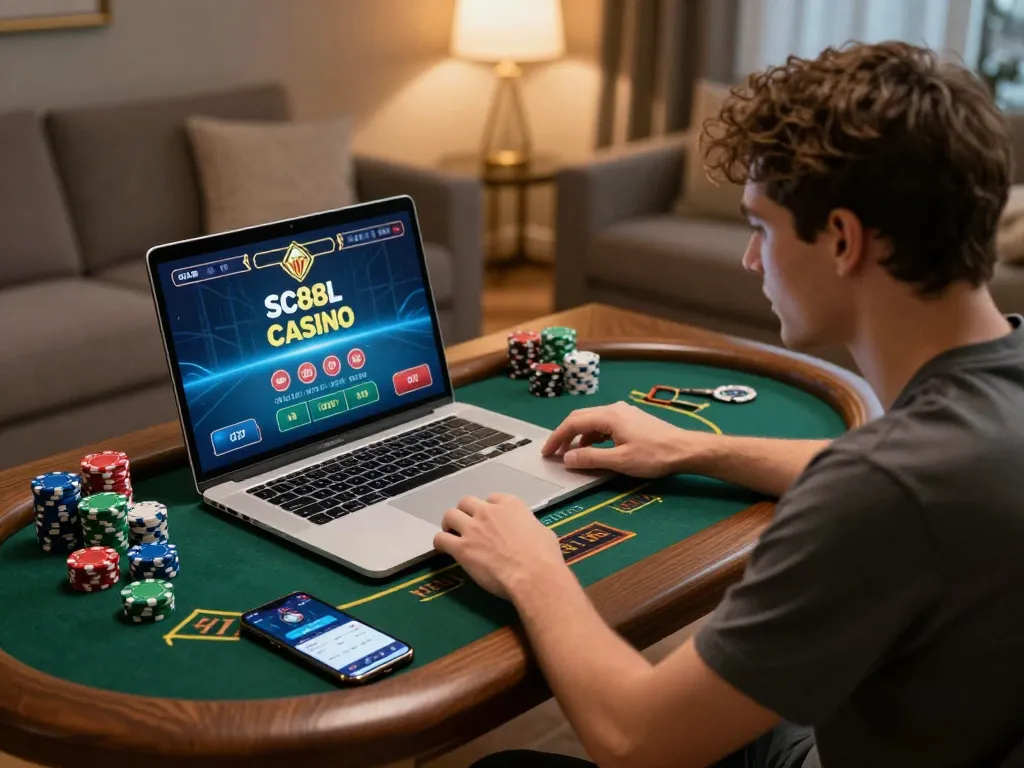 Engaged player enjoying live casino game at https://sc88.casino/ with chips and smartphone nearby.
