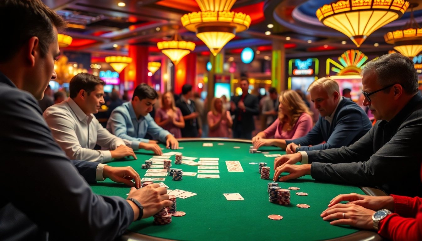 Engaged players in a poker game at a bustling casino, highlighting the thrill and strategy.