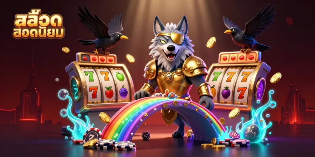 Experience thrilling gameplay with สล็อตยอดนิยม in a vibrant casino scene filled with dynamic slot elements.