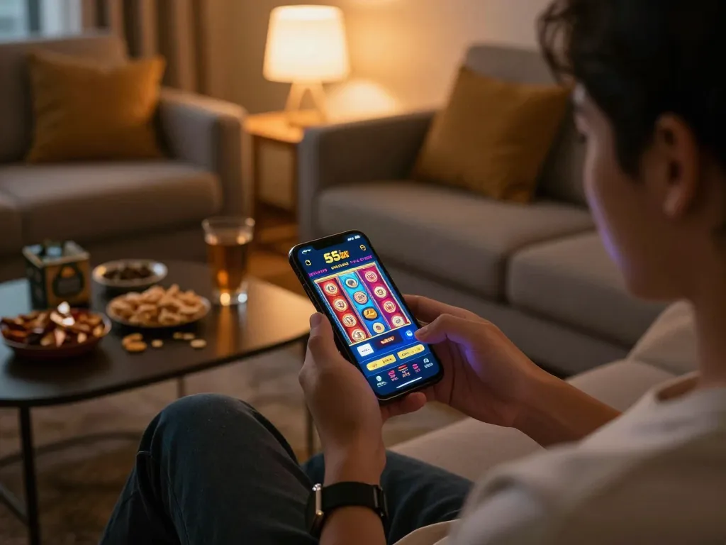Playing vibrant slot games on the 555win app in a cozy home setting.