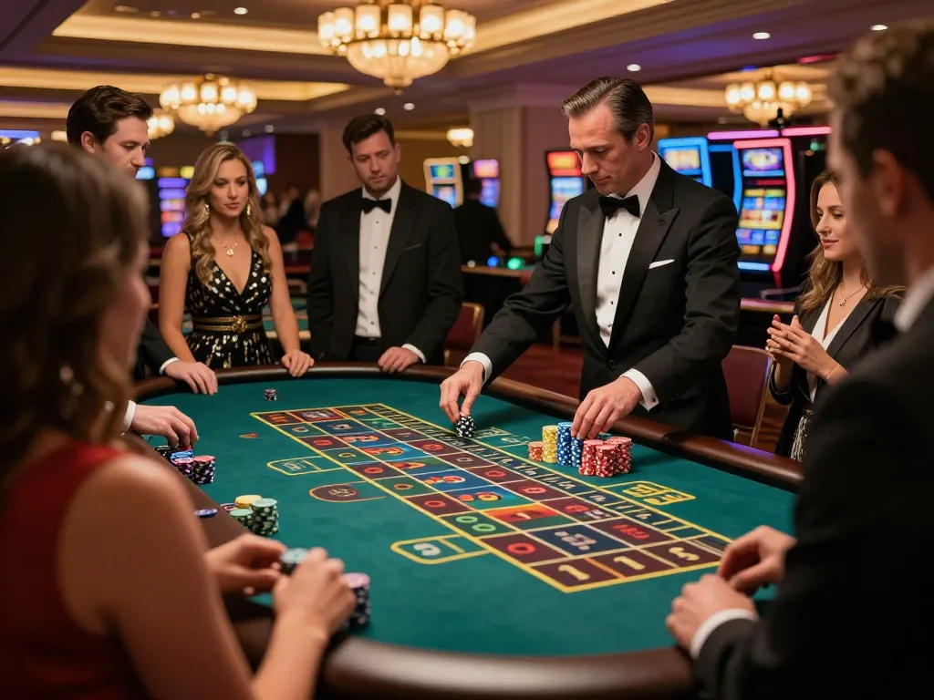Players strategizing their bets at a lively roulette table in a luxurious casino, with chips and excitement surrounding them, 5679