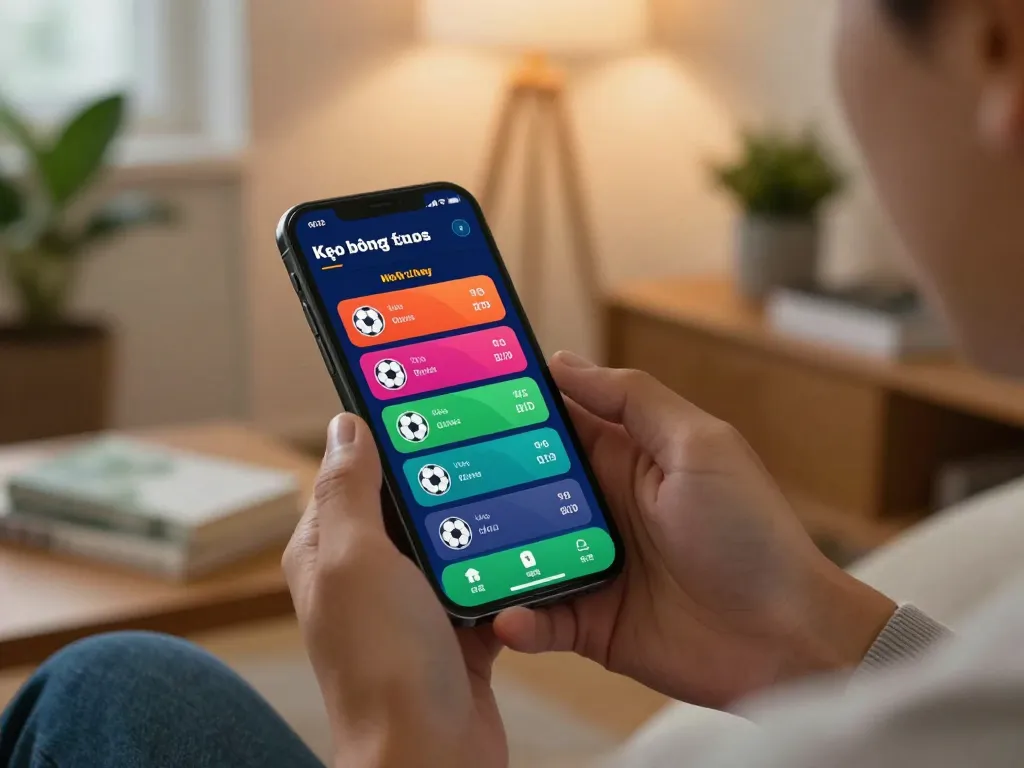Kèo bóng đá hôm nay displayed on a smartphone as a person engages in online sports betting.