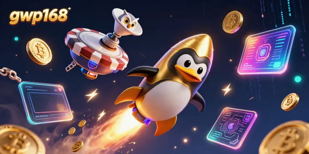 Menghadirkan gwp168, penguin emas meluncur ke luar angkasa dengan koin berkilau, siap untuk permainan kasino.